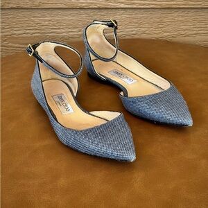 Jimmy Choo Pointed Ankle-Strap Spring/Summer Flats in Denim Gray-Blue Sz 37